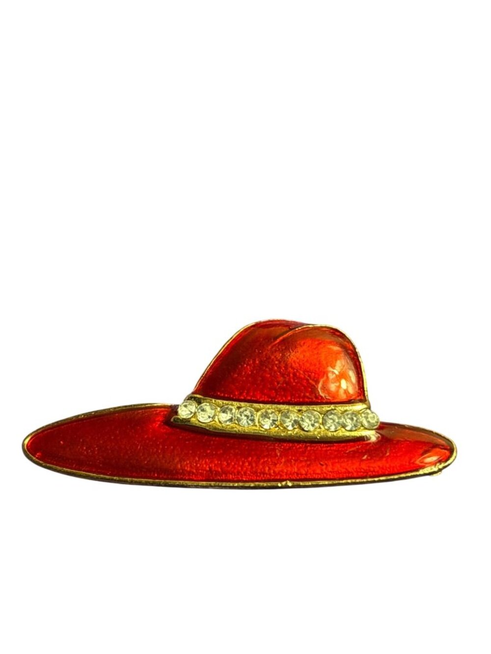 Red Enamel Hat Brooch Clear Rhinestones Goldtone 2.25 inches